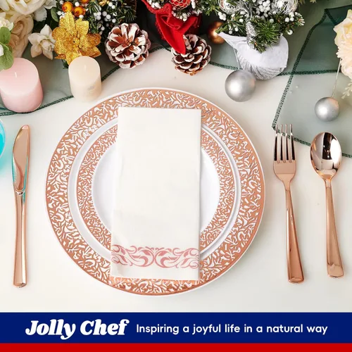Miniatura 4 de Juego de vajilla desechable de plástico color oro rosa de 210 piezas: 30 platos de cena y 30 platos de postre y 30 tazas y 30 servilletas de papel