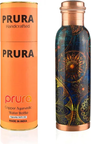 Miniatura 38 de Botella de agua de cobre con estampado puro, a prueba de fugas, recipiente de cobre ayurvédico para deportes, gimnasio, aire libre, yoga, beneficios