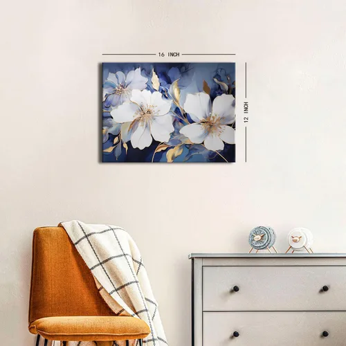 Miniatura 4 de Arte de pared abstracto de flores blancas azules y doradas, decoración de pared azul marino y dorado, marmoleado de flores silvestres