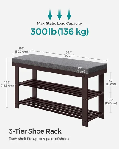 Miniatura 3 de SONGMICS Banco de zapatos de bambú, organizador de zapatos de 3 niveles para entrada, sala de estar, asiento de banco con capacidad para hasta 300