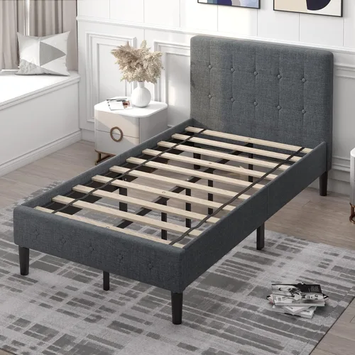 Miniatura 10 de Base de cama individual tapizada con cabecero, base de colchón de soporte de listones de madera maciza, no necesita somier y de fácil montaje, Beige