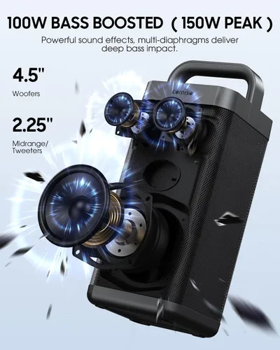 Miniatura 2 de COMISO Altavoz Bluetooth portátil con graves profundos, 150W de potencia máxima, altavoz impermeable IPX6 para exteriores con 12 horas