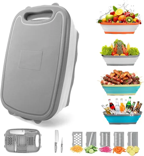 Miniatura 10 de Gintan Tabla de cortar para acampar, tabla de cortar plegable 9 en 1 con escurridor, cesta para lavar verduras de cocina para acampar, regalos