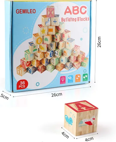 Miniatura 7 de Bloques de construcción de juguete ABC de madera para niños pequeños de 1 a 3 años, 36 bloques de números del alfabeto de madera para apilar