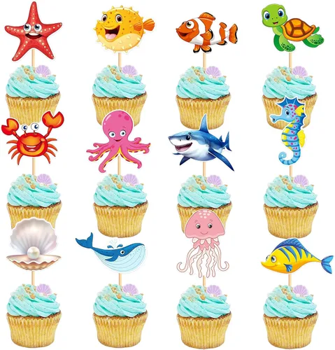 Miniatura 22 de 40 piezas comestibles bajo el mar, sirena, cupcakes, algas, pulpos, estrellas de mar, cupcakes, lindos animales del océano, selecciones de alimentos