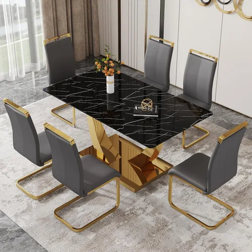 Miniatura 69 de Mesa de comedor moderna para mesa de comedor de mármol sintético de 4/6, 63 pulgadas, mesa de cocina rectangular, mesa de cocina y comedor de fácil