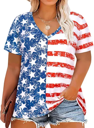 RITERA Camiseta patriótica de talla grande con la bandera estadounidense para mujer, túnica de gran tamaño, bloque de color, cuello en V, camiseta