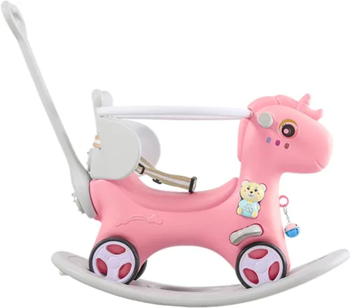 Caballo mecedor 4 en 1 para niños pequeños de 1.5 a 3 años, juguetes de paseo en bicicleta de equilibrio con asa de empuje, respaldo de juguete Rosa