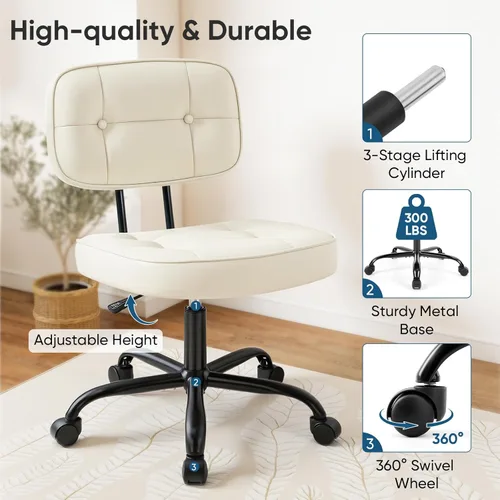 Miniatura 6 de DUMOS Silla de escritorio de oficina en casa, silla ergonómica de piel sintética sin brazos, con cómodo soporte lumbar y altura ajustable, tocador