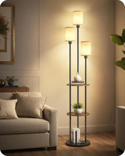 Lámpara de pie de 180 cm con estantes, lámpara de pie moderna con 3 pantallas de lino y interruptor de pie, lámpara de pie de 3 luces, para sala de