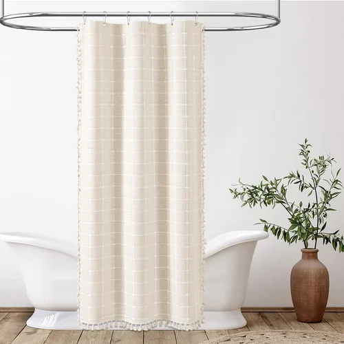 Miniatura 6 de BTTN - Cortina pequeña de tela para ducha, bohemia y campestre, con borlas, estilo rústico, para baño, de lino, con 6 ganchos de plástico