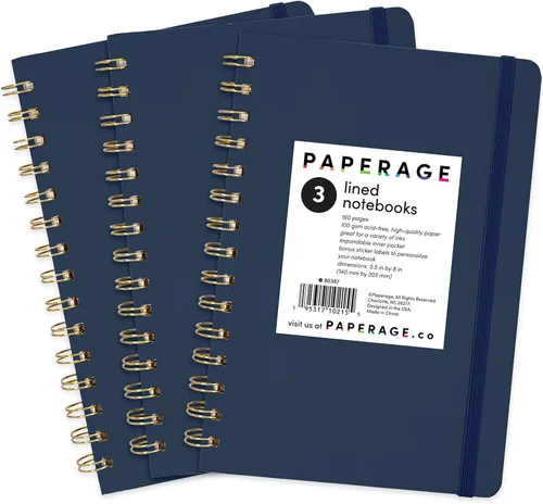PAPERAGE Cuaderno de diario en espiral rayado, (azul marino), paquete de 3, 160 páginas, mediano de 5.7 x 8 pulgadas, papel grueso de 100 GSM, tapa