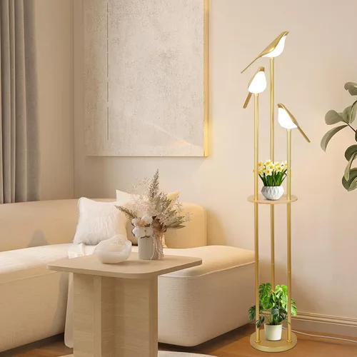 Miniatura 9 de Lámparas de pie doradas para sala de estar, lámpara de pie moderna con estantes, lámpara de pie de mediados de siglo con 3 luces LED de pájaro