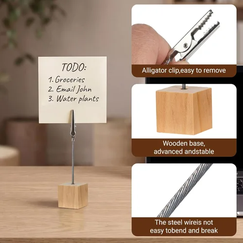 Miniatura 3 de 20 soportes para tarjetas de lugar con clips y soporte de madera, soporte de clips para fotos para mesa, soporte de números de mesa de madera