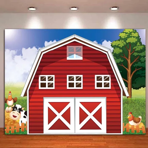 Miniatura 5 de Fondo de fotografía de granja de animales de dibujos animados de 7 x 5 pies, fondo de fotos de granja rústico rojo para baby shower, recién nacidos