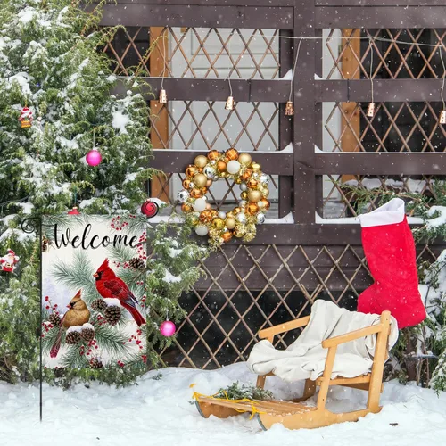 Miniatura 7 de Banderas de jardín de invierno de bienvenida para decoración exterior, bandera de patio pequeño con ramitas de pino cardenal, decoración de Navidad