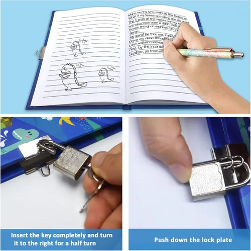 Miniatura 4 de GINMLYDA Diario para niños con candado, diarios de dinosaurios 7.1x5.3 160 páginas, diario secreto para niños, lindo cuaderno con cerradura y llave