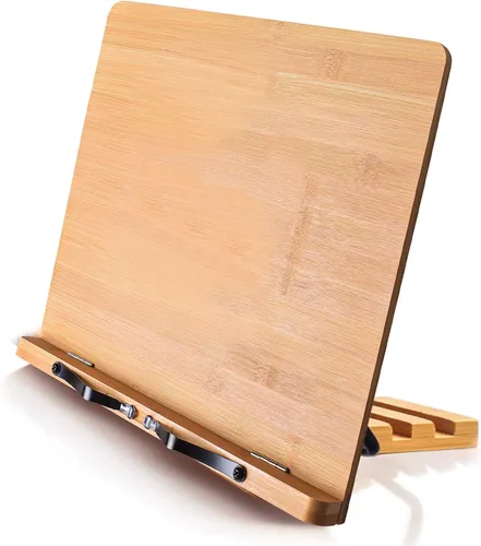 Miniatura 11 de wishacc Soporte de libros de bambú, bandeja ajustable para libros y clips de papel para páginas - Escritorio de lectura para libros de cocina