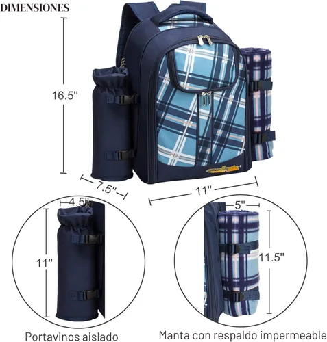 Miniatura 6 de Apollo walker Juego de mochila de picnic para 4 con compartimento refrigerador, soporte desmontable para botellas/vino que incluye manta de picnic