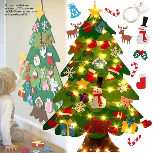 Miniatura 3 de Juego de árbol de Navidad de fieltro para bricolaje, 32 piezas de adornos para colgar en la pared con luz LED, se puede reutilizar el árbol de A-9.8
