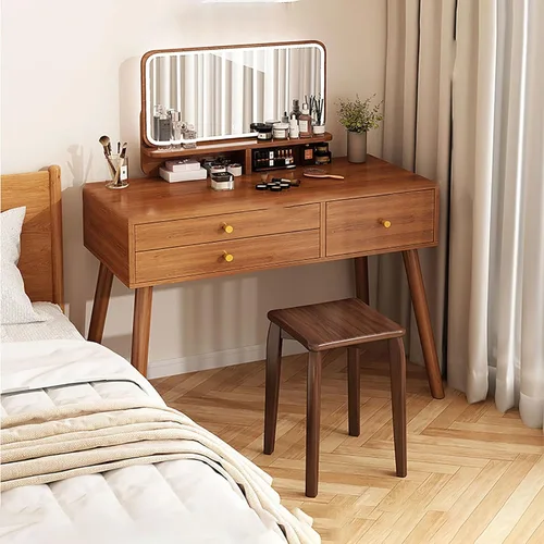Miniatura 9 de Tocador con espejo de luces, escritorio de maquillaje de madera con taburete acolchado, moderno escritorio de tocador para dormitorio con taburete