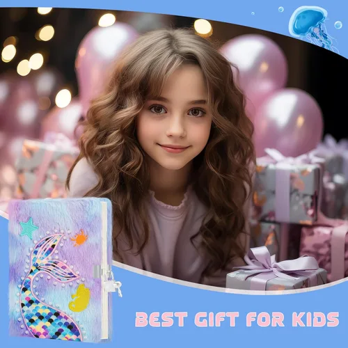Miniatura 7 de homicozy Diario de sirena para niñas con cerradura y llaves, diario esponjoso tie-dye para niños con 160 páginas rayadas, cuaderno secreto mullido