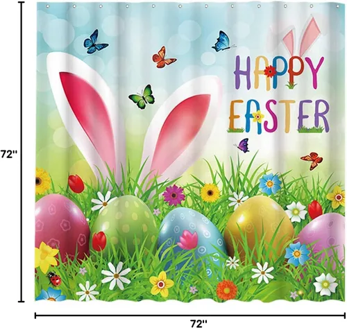 Miniatura 6 de Allenjoy Cortina de ducha de Pascua de 72 x 72 pulgadas, diseño de orejas de conejo divertidas de dibujos animados, jardín de primavera, huevos