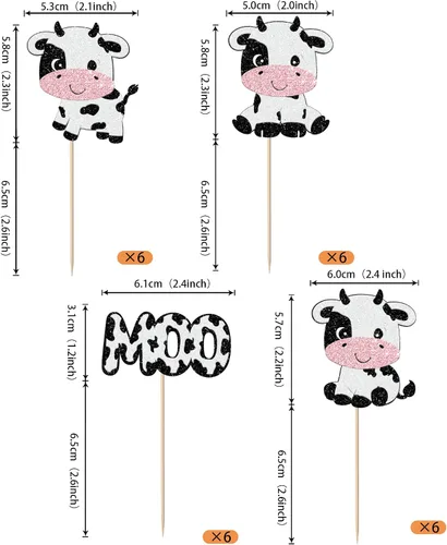 Miniatura 2 de Rsstarxi Paquete de 24 adornos para cupcakes de vaca con purpurina de animales de granja Moo para cupcakes temáticos de vaca, baby shower, fiesta