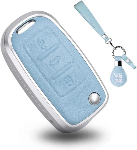SANRILY Marco de metal plateado y funda para llavero de cuero genuino para VW Tiguan Jetta MK1-MK6 Passat Golf GTI Beetle sin llave de protección