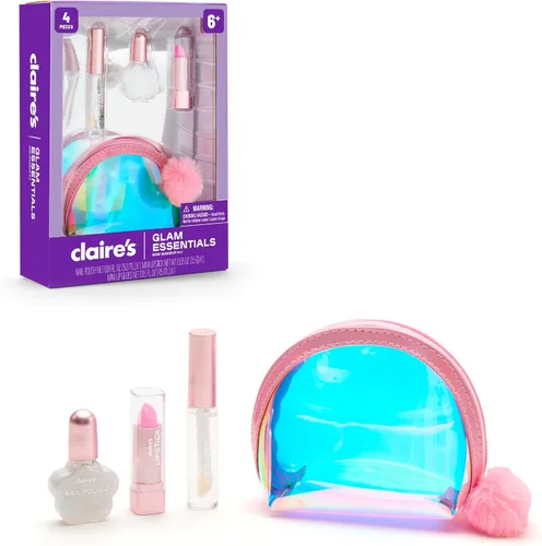 Claire's Glam Essentials - Kit de maquillaje para niños, juego de cosméticos reales de 4 piezas con mini bolsa, brillo de labios, lápiz labial y