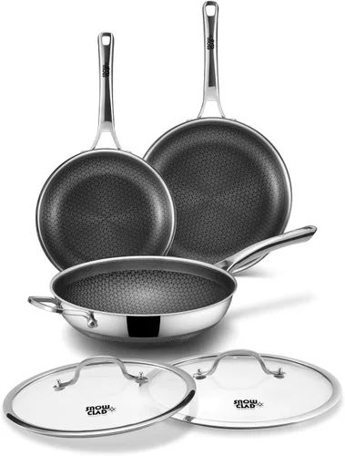 DOTCLAD Juego de utensilios de cocina híbridos de acero inoxidable de 3 piezas, wok de 12 pulgadas con tapa, sartén de 10 pulgadas, sartén de 12