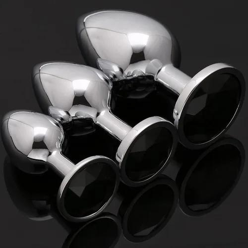 Miniatura 2 de AKStore 3 tapones anales fetiches de acero inoxidable con diseño de joyas lujosas para fantasías sexuales de bondage, tamaños grande, mediano y Negro