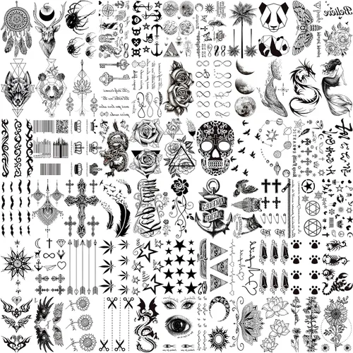 VANTATY 66 hojas de tatuajes temporales negros pequeños en 3D para mujeres y hombres, impermeables, calcomanías falsas para rostro, cuello, brazo,