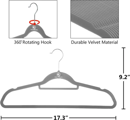 Miniatura 3 de Paquete de 50 perchas de terciopelo resistentes que incluyen barra de amarre, muescas y gancho cromado de 360° (gris)