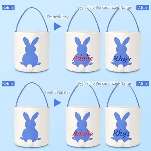 Miniatura 5 de Cesta de lona de Pascua personalizada con asa, cubo de huevo y conejo, color azul