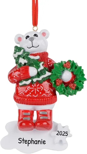 Miniatura 10 de Adornos de Navidad personalizados 2025, adornos personalizados para bastón de caramelo de Navidad, oso polar con adorno de bastón de caramelo, tema