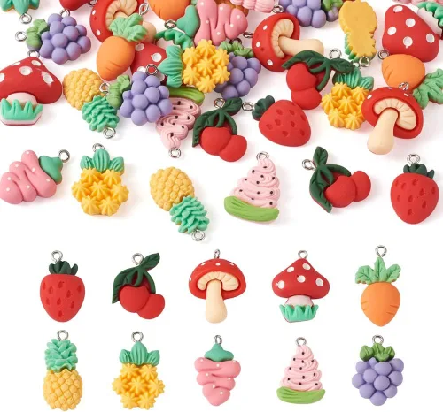 Mega Pet 40 dijes de resina de frutas y verduras, fresa, piña, uva, cereza, resina, hongos, zanahoria, para bricolaje, collares, pulseras, aretes,