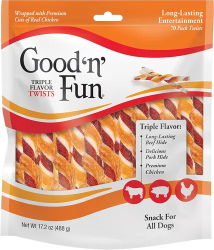 Good 'n' Fun Twists - Golosina para perros de larga duración, con proteínas reales, piel de res y pollo premium, apoya la salud dental, estimulación