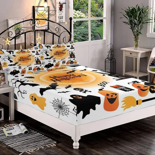 Miniatura 13 de Juego de sábanas bajeras decorativas tamaño Queen, sábanas bajeras de Halloween con bolsillos profundos y 2 fundas de almohada (sin sábana plana)