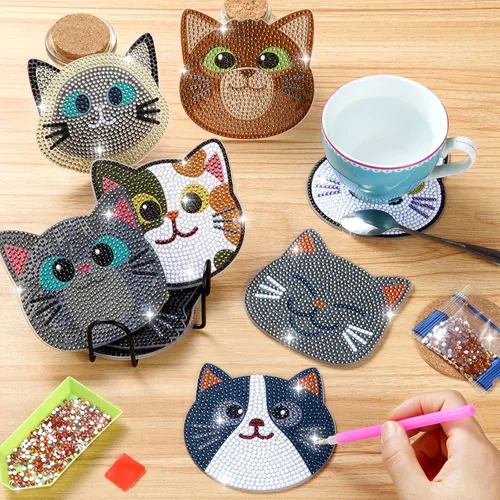 Miniatura 4 de Insnug Juego de 10 posavasos de pintura de diamantes, con temática de gato, kits de pintura para niños y adultos, puntos, artes y manualidades, kits