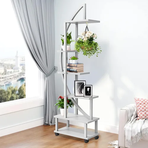 Miniatura 7 de 2 soportes de metal de 6 niveles altos para plantas de interior con ruedas desmontables, soporte para plantas para espacios exteriores con lazo