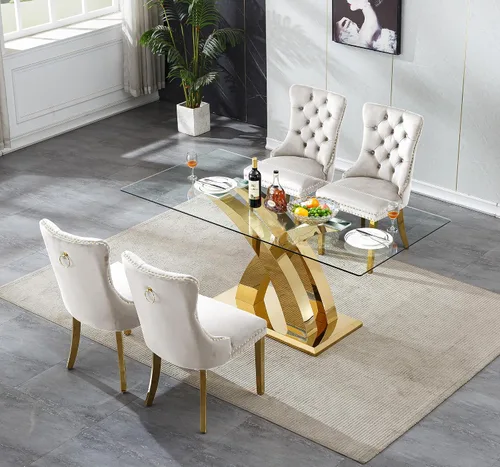 Miniatura 2 de Henf Juego de mesa de comedor de cristal de 5 piezas con 4 sillas, mesa de cocina grande de 70 pulgadas y sillas tapizadas beige para 4, juego