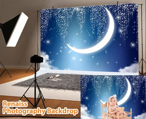 Miniatura 2 de Renaiss Twinkle Twinkle - Telón de fondo de estrella pequeña para sesión de fotos, 5 x 4 pies, media luna brillante, cielo nocturno, fondo