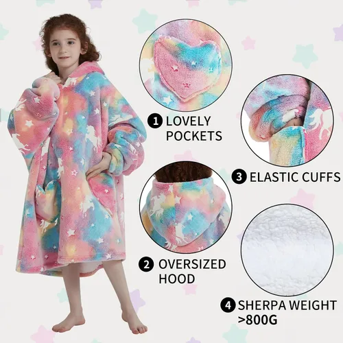 Miniatura 4 de Fiosnow Sudaderas con Manta de Unicornio que Brilla en la Oscuridad para Niños de 6-13 Años Manta con Capucha de Tamaño Grande Usable para Niños