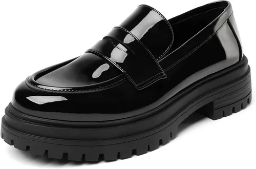 Mostrin Mocasines para mujer con suela de lengüeta, mocasines de media gruesa, clásicos con punta redonda, sin cordones, cómodos zapatos casuales