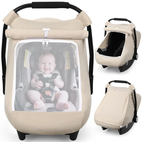 Miniatura 11 de Rquite Funda de asiento de automóvil para bebé, fundas de asiento de automóvil para niña y niño, algodón muselina transpirable, ventana de malla Rosa