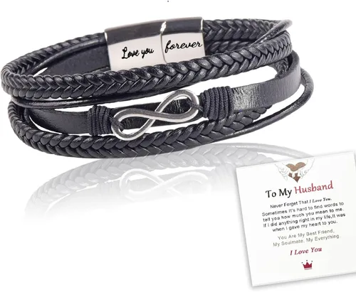 Miniatura 33 de Pulsera de cuero trenzado con texto en inglés «Love You Forever» para hombres y niños, pulsera inspiradora de acero inoxidable, pulsera de cuero