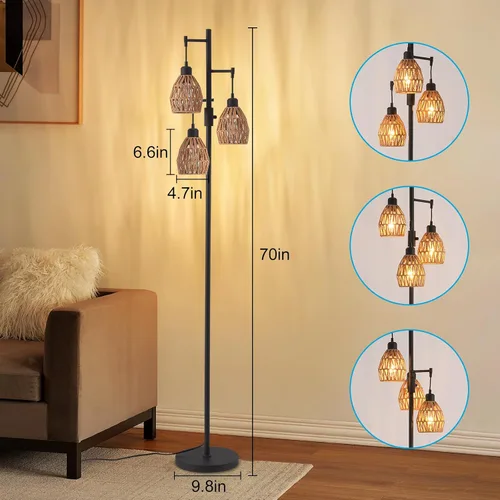 Miniatura 7 de Lámpara de pie de ratán bohemio para sala de estar, lámpara de pie regulable de 70 pulgadas con pantalla de jaula, lámparas de pie industriales