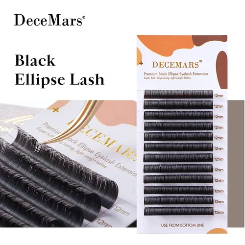 Miniatura 5 de DeceMars Extensiones de pestañas elipse planas de 0.010 in, rizo D, 0.472 in, negro mate, pestañas individuales suaves y ligeras, para uso en salón