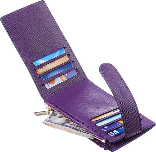 Miniatura 7 de Chelmon Billetera delgada con bloqueo RFID para mujer con bolsillo con cremallera púrpura profundo Minimalista